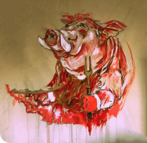Pintura de Omar Castañeda, feita a partir de sangue de porco, que integra a instalação Ópera dos Porcos de Simone Mattar